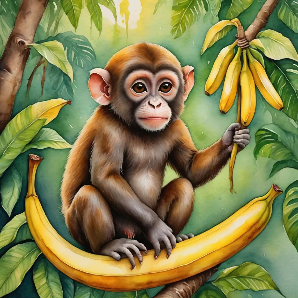 a painting of a monkey sitting on a banana tree with bananas in its hand and a banana in the other hand, pop surrealism, a digital painting, Alex Petruk APe, highly detailed digital painting