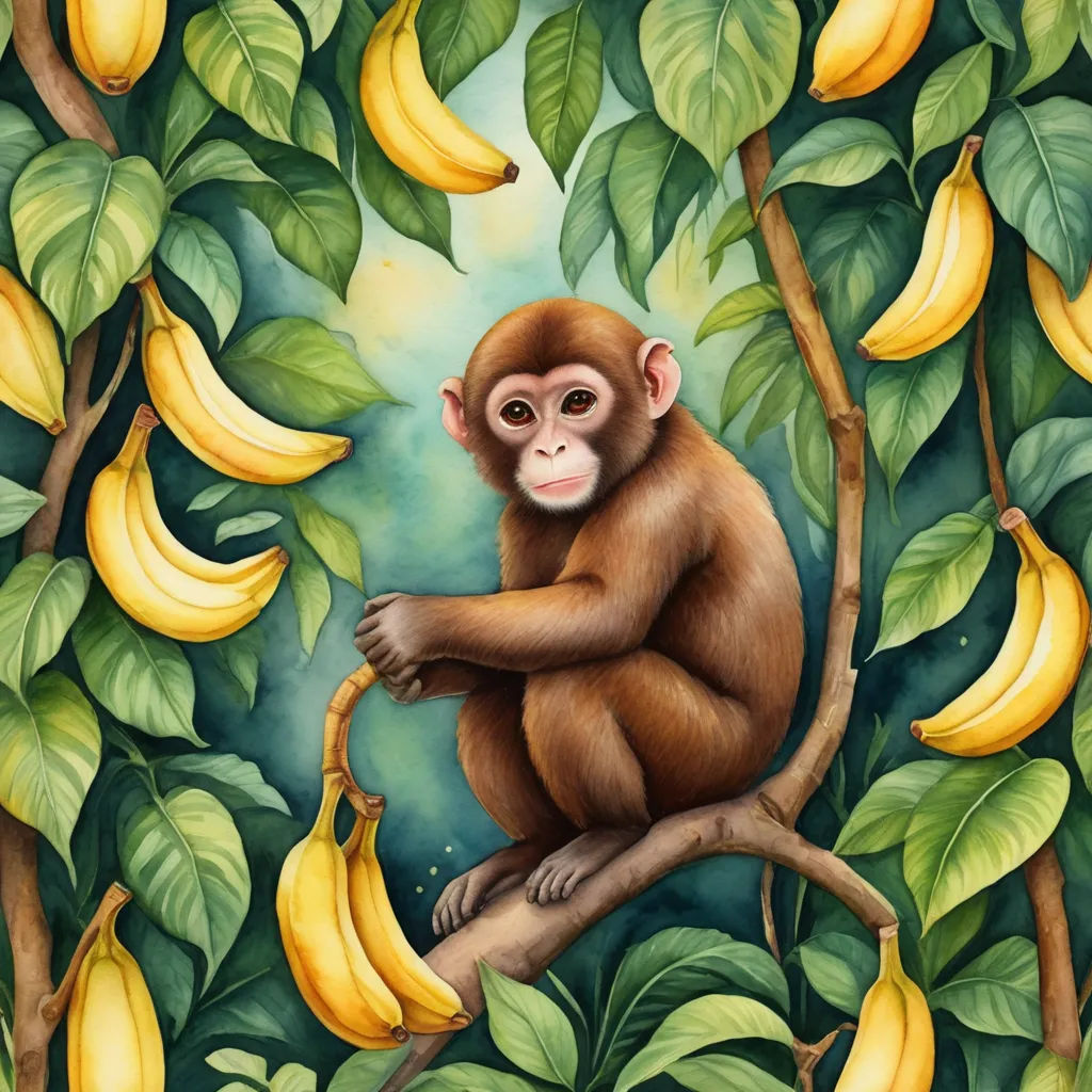 a monkey sitting on a branch with bananas in the background of a painting of a monkey in a tree, pop surrealism, a detailed painting, Chris LaBrooy, highly detailed digital painting