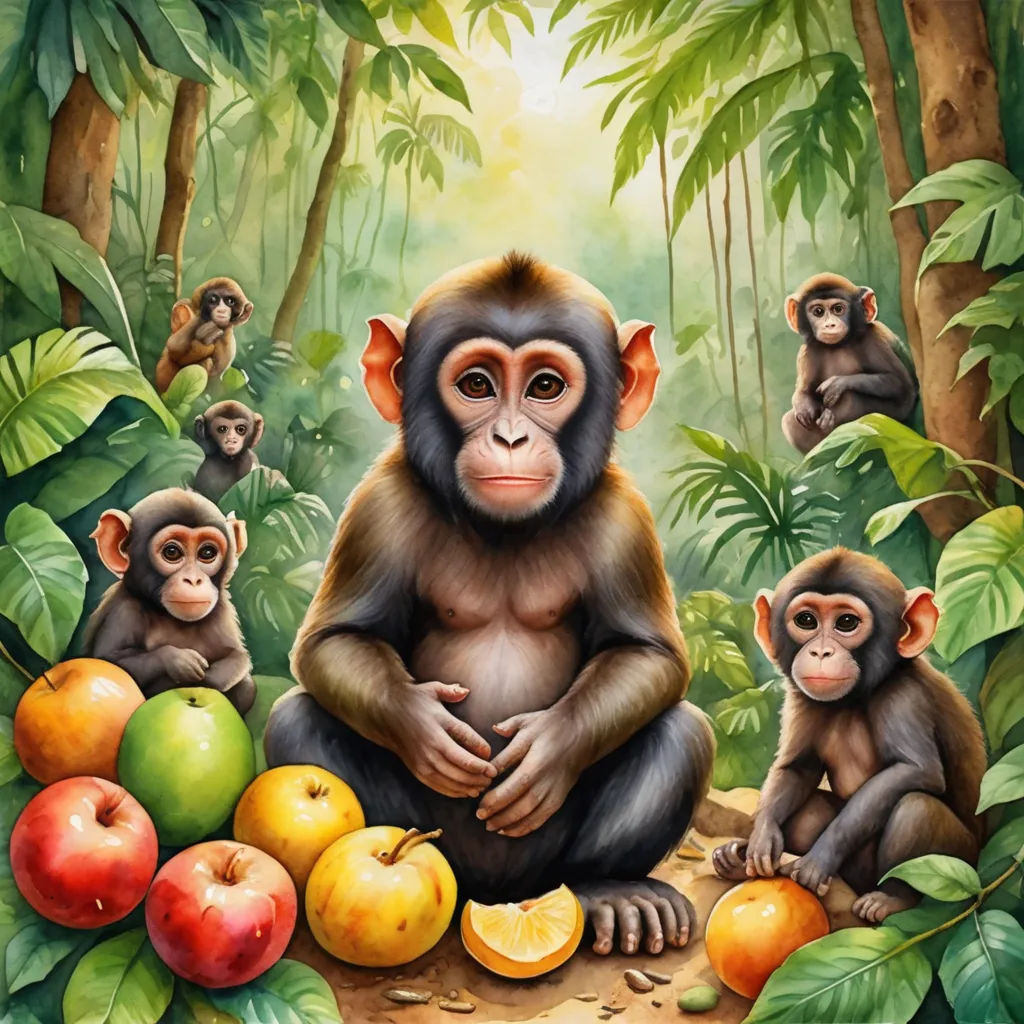 a painting of monkeys sitting in the middle of a forest with apples and bananas around them, with a third monkey standing behind them, primitivism, an oil painting, Alex Petruk APe, highly detailed digital painting