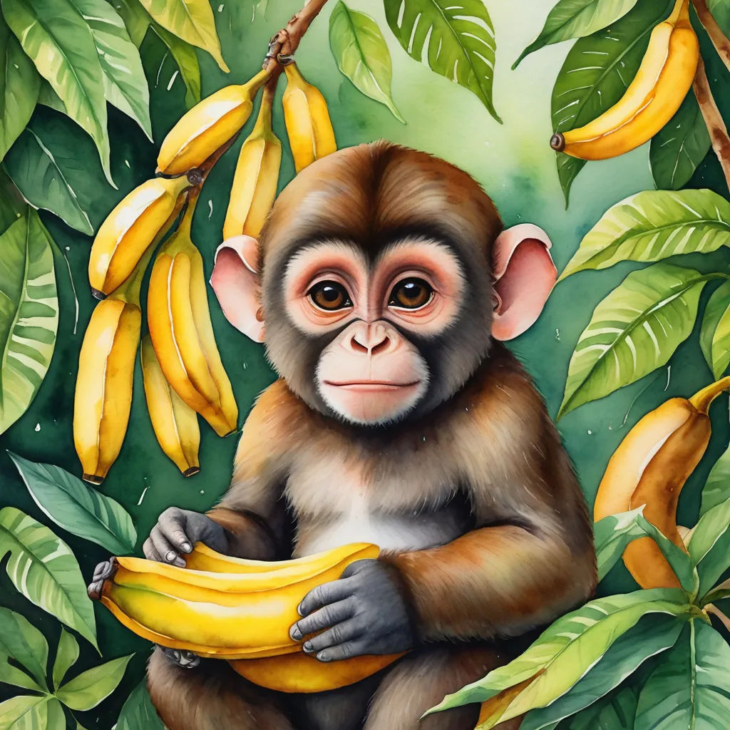 a monkey sitting in a tree with bananas on it's back and a banana in its hand, with a green background, pop surrealism, a digital painting, Alex Petruk APe, highly detailed digital painting