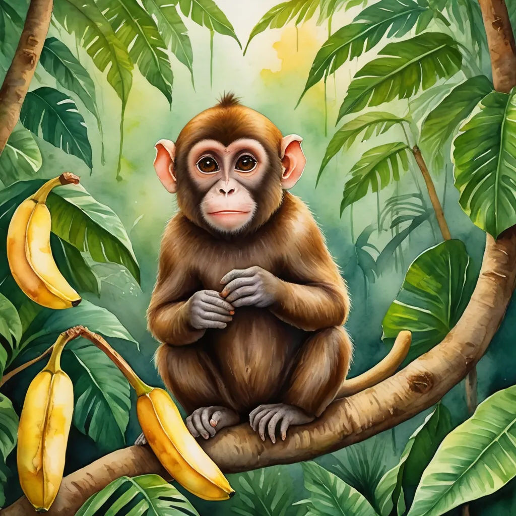 a monkey sitting on a tree branch with bananas in the background and a banana in the foreground, with a banana in the foreground, primitivism, a digital painting, Alex Petruk APe, highly detailed digital painting