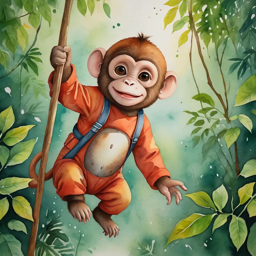a monkey hanging on a stick in the jungle with leaves and plants around him, with a smile on his face, sots art, a digital painting, Diego Gisbert Llorens, highly detailed digital painting