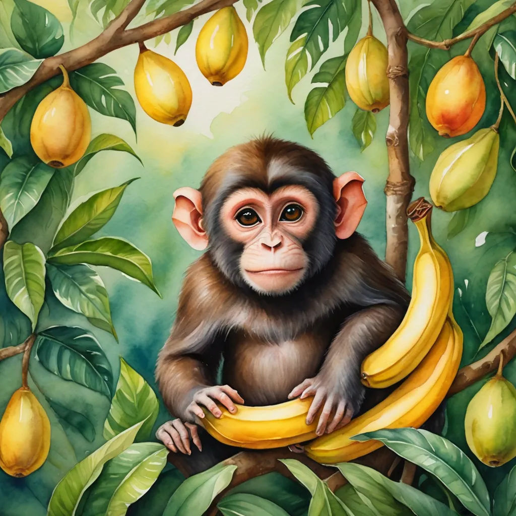 a painting of a monkey sitting on a banana tree with fruit around it and a bunch of bananas hanging from the tree, pop surrealism, an oil painting, Chris LaBrooy, highly detailed oil painting
