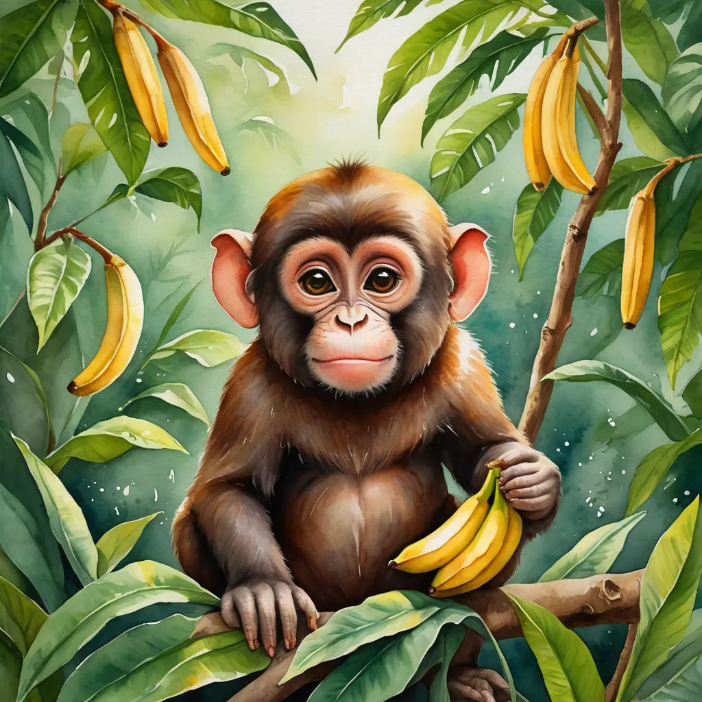 a monkey sitting on a branch with bananas in the background of a painting of a monkey with bananas in its mouth, primitivism, a digital painting, Alex Petruk APe, highly detailed digital painting
