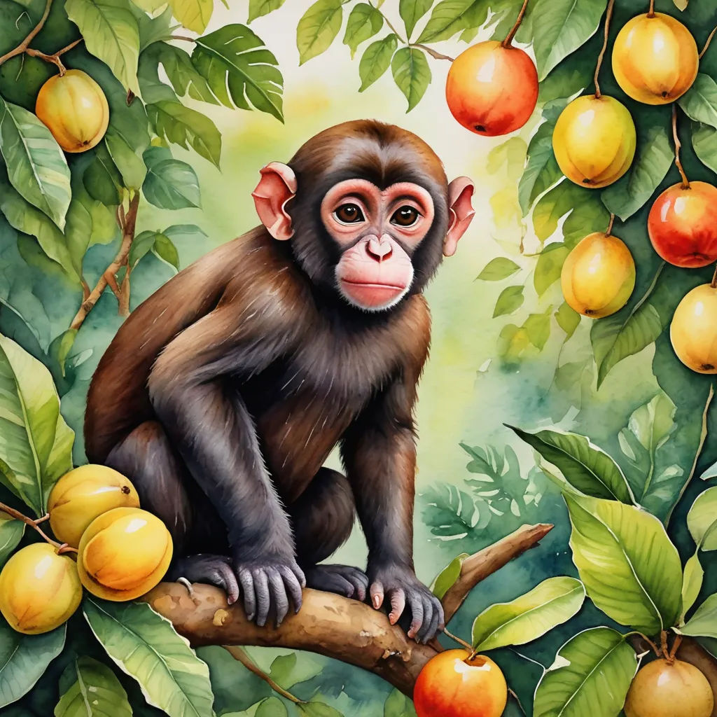a painting of a monkey sitting on a branch with fruit in the background and a painting of a tree with oranges, figurative art, a detailed painting, Alex Petruk APe, highly detailed digital painting