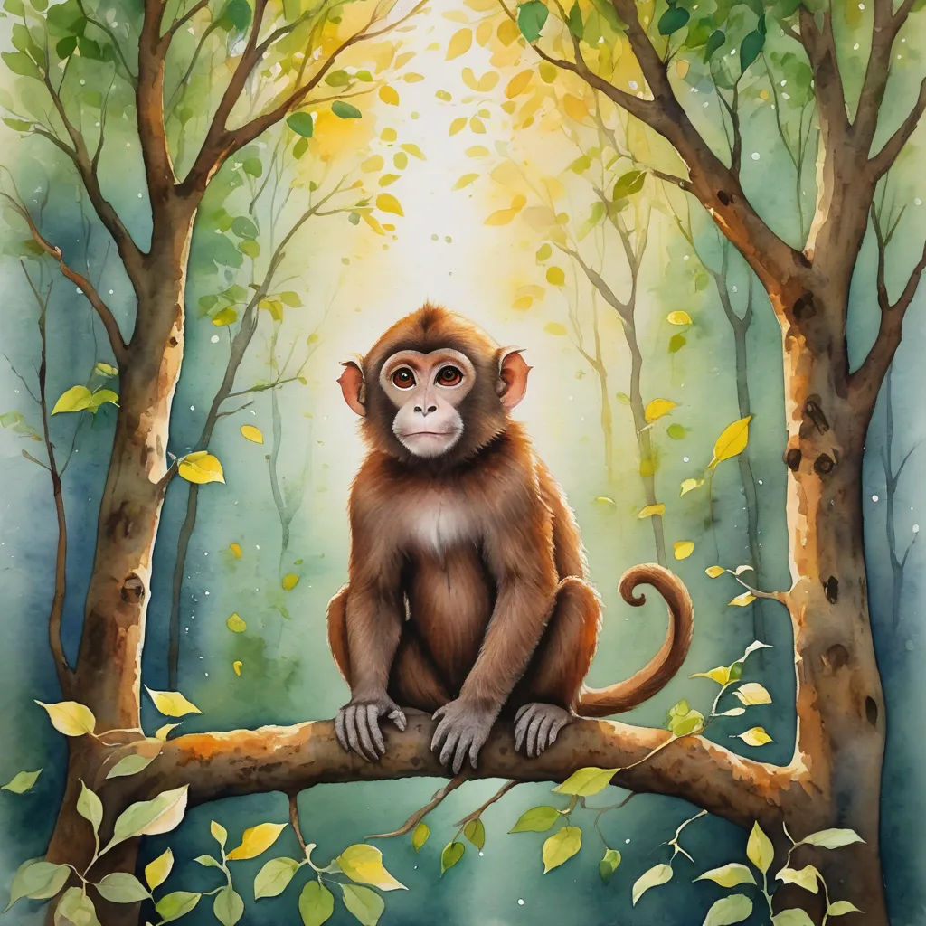a painting of a monkey sitting on a tree branch in a forest with leaves and sunlight coming through the trees, figurative art, a watercolor painting, Alex Petruk APe, professional digital painting