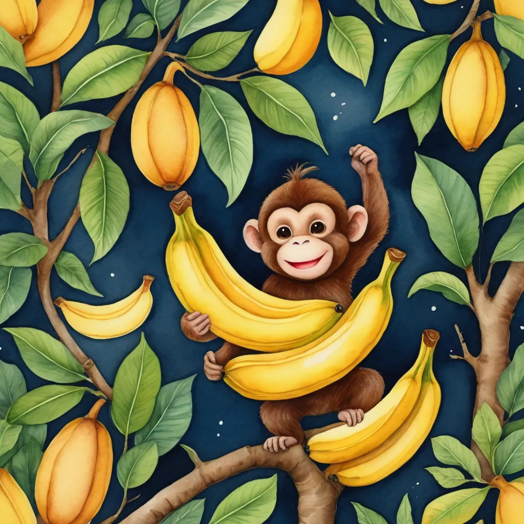 a painting of a monkey sitting on a tree with bananas and a bunch of leaves on it's branches, pop surrealism, a storybook illustration, Chris LaBrooy, highly detailed digital painting