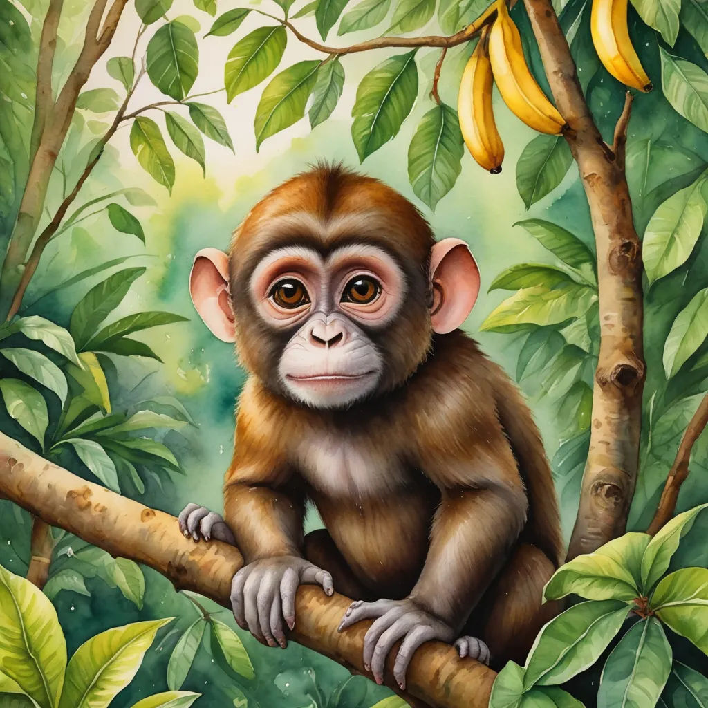 a monkey sitting on a tree branch with bananas in the background and a painting of a monkey in the foreground, figurative art, an airbrush painting, Alex Petruk APe, highly detailed digital painting