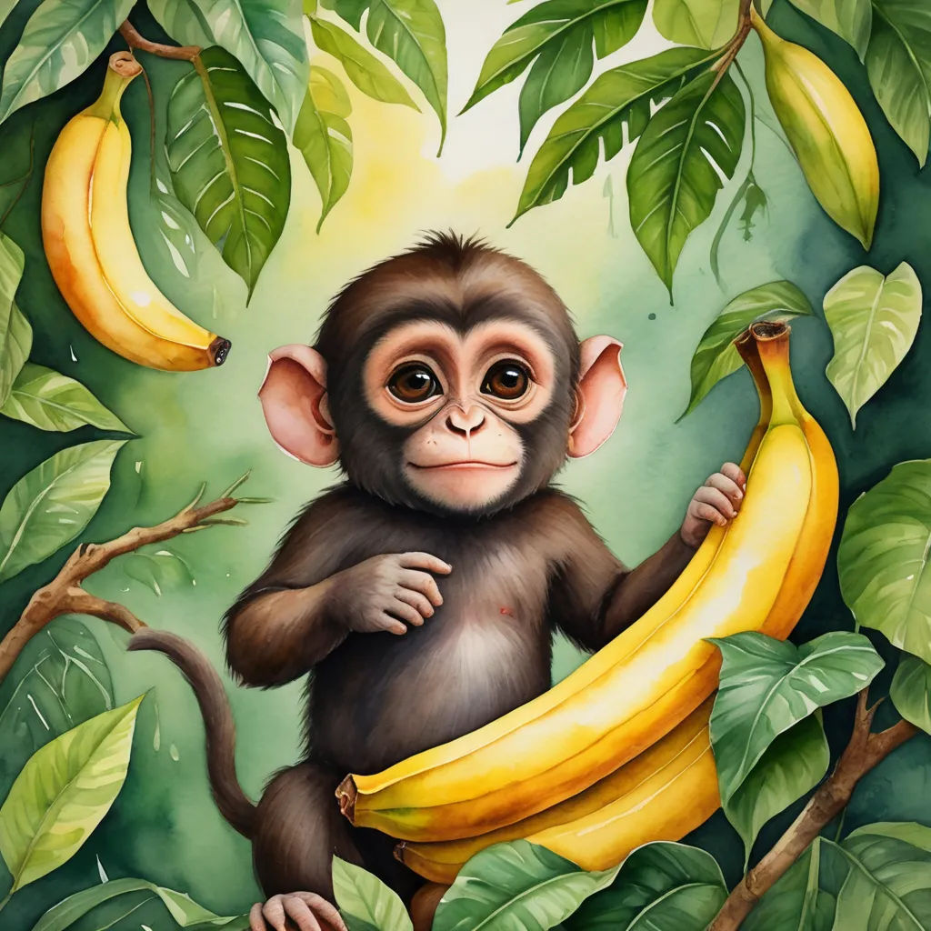 a monkey holding a banana in a tree with leaves and a banana in the background with a green background, pop surrealism, a digital painting, Alex Petruk APe, highly detailed digital painting