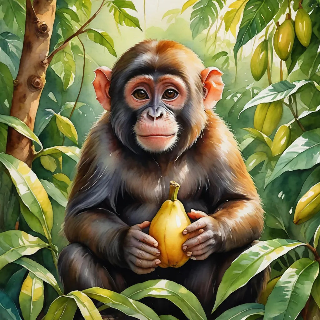 a monkey sitting in a tree holding a fruit in its paws and looking at the camera with a smile, primitivism, a digital painting, Alex Petruk APe, highly detailed digital painting