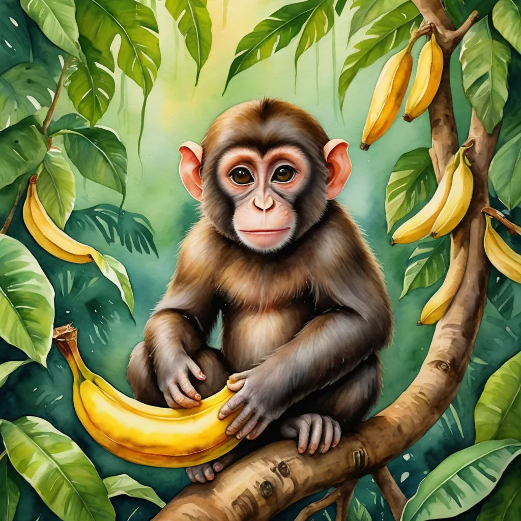 a monkey sitting on a branch with bananas in the jungle behind it, and a banana in the foreground, primitivism, a digital painting, Alex Petruk APe, highly detailed digital painting