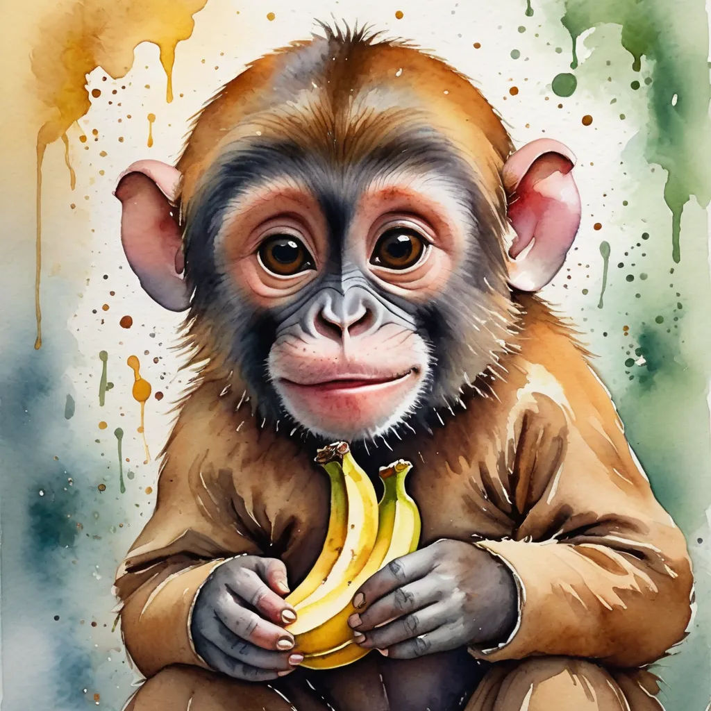 a monkey with a banana in his hand and a watercolor painting of it's face and body, pop surrealism, a watercolor painting, Alex Petruk APe, highly detailed digital painting