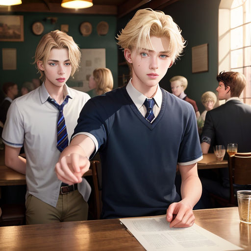 a boy in a tie pointing at a paper on a table in a restaurant with other people in the background