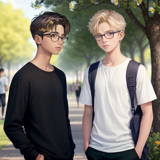 two young men standing next to each other on a sidewalk near a tree and a sidewalk with people walking