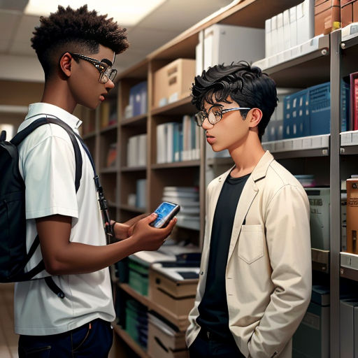 two young men standing in a library looking at a cell phone and a backpack on their shoulders, one of them is holding a cell phone