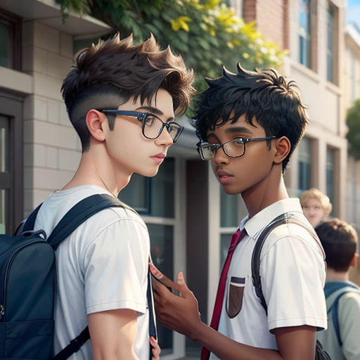 two young men standing next to each other on a street corner with a backpack on his shoulder and a backpack on his shoulder