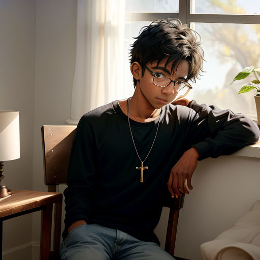 a young man sitting in a chair with a cross necklace on his neck and a plant in the corner