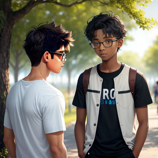 two young men standing next to each other on a sidewalk near a tree and a sidewalk with people walking