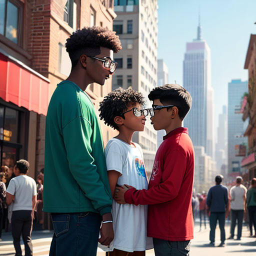 a group of people standing on a street corner with buildings in the background and people walking on the sidewalk