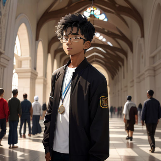 a man in a black jacket and glasses standing in a building with people walking around it and a ceiling with arches