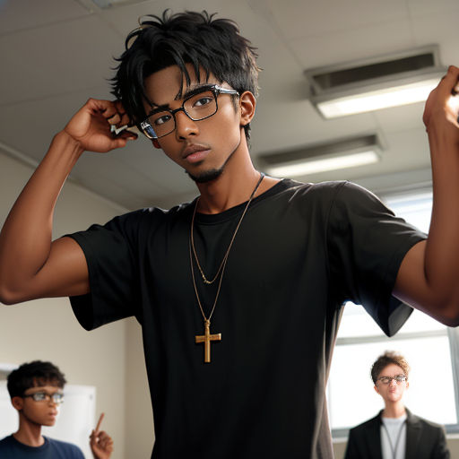 a man with glasses and a cross necklace on his neck is standing in a room with other men in the background