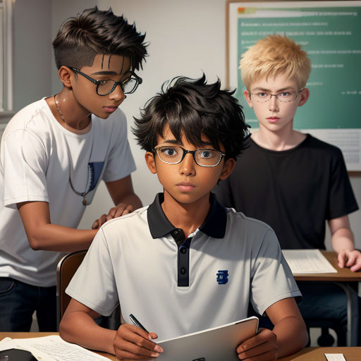 three boys in a classroom with a tablet computer and a mouse and keyboard in front of them, and a blackboard behind them