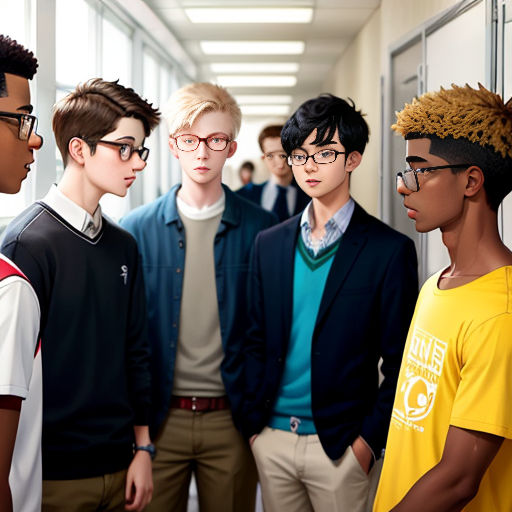 a group of young men standing next to each other in a hallway with a wall behind them and a hallway leading to the hallway