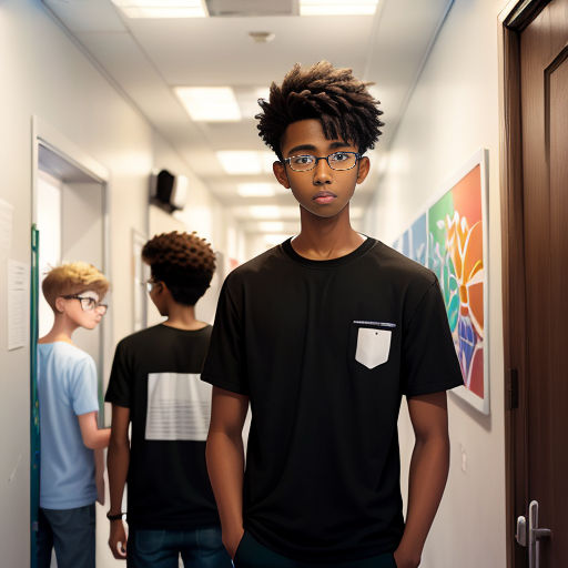 a young man with glasses standing in a hallway with two other young men in the background, looking at the camera
