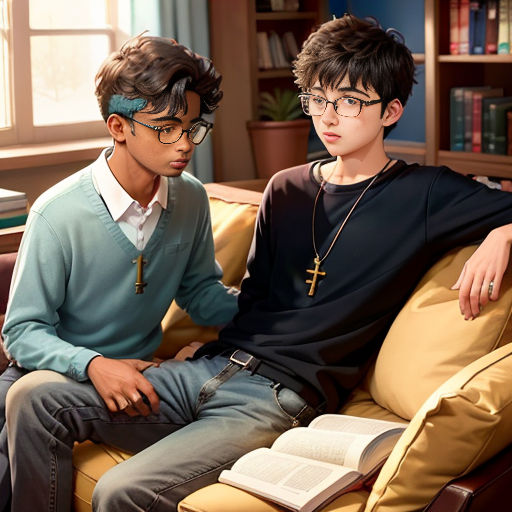 two young men sitting on a couch with a book in their lap and a book in their lap, both of them wearing glasses