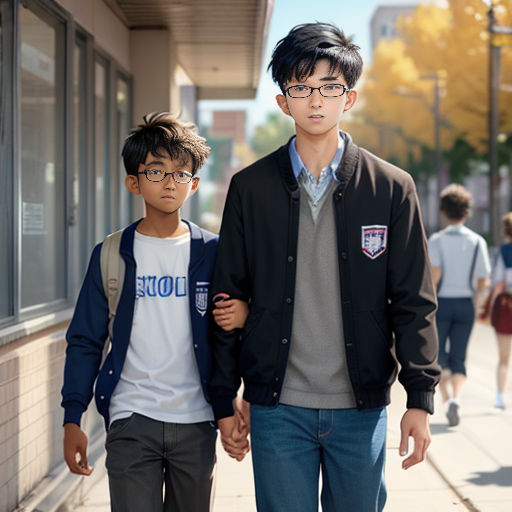 a man and a boy walking down a sidewalk together holding hands and looking at the camera with a smile on their faces