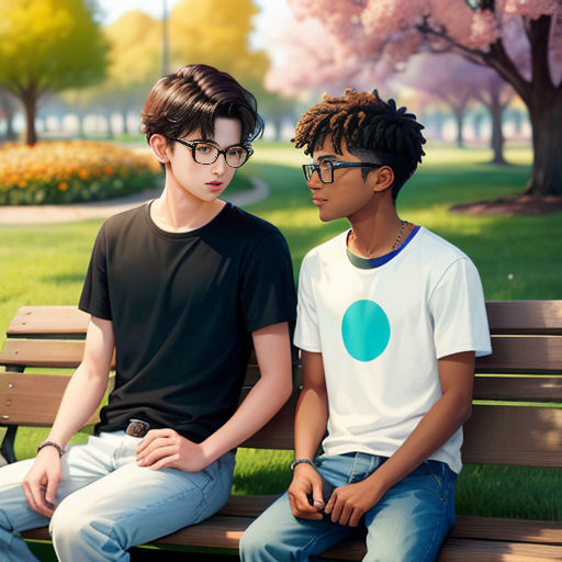 two young men sitting on a park bench together, one of them is wearing glasses and the other is wearing a t - shirt