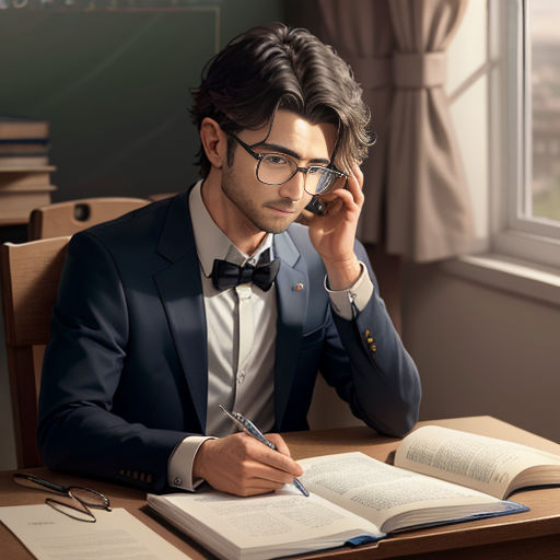 a man in a suit and glasses is sitting at a desk with an open book and a pen in his hand
