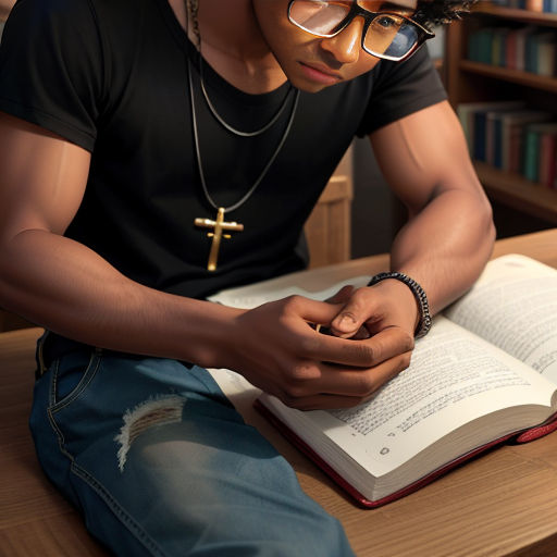 a man sitting at a table reading a book with a cross on it and a cross necklace on his neck