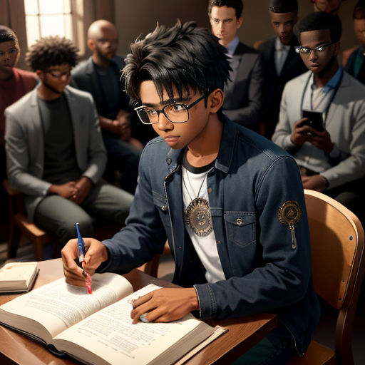 a man sitting at a desk with a book and pen in his hand and a group of people behind him
