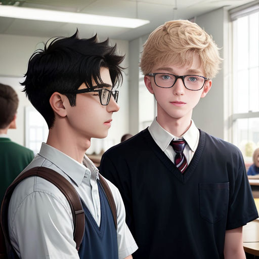 two young men standing next to each other in a classroom with a window behind them and a person with glasses on