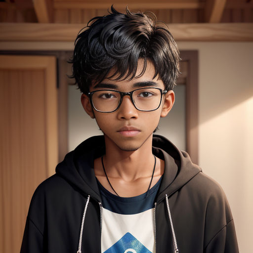 a young man with glasses and a hoodie on standing in a room with a door and a light