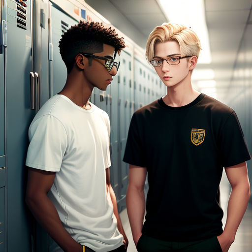 two young men standing in front of lockers in a hallway with glasses on their faces and one wearing a black shirt