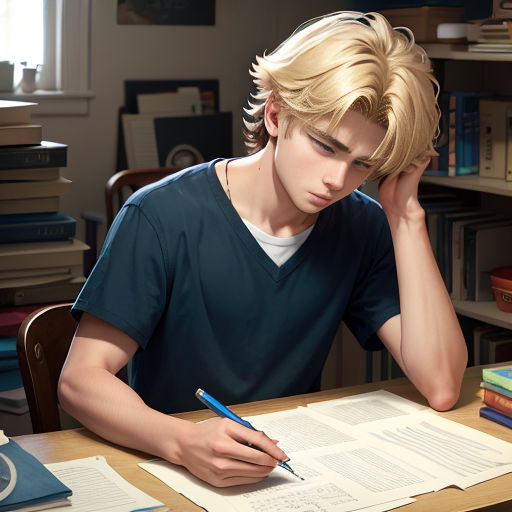 a young man sitting at a desk with a pen and paper in front of him and a book on the desk