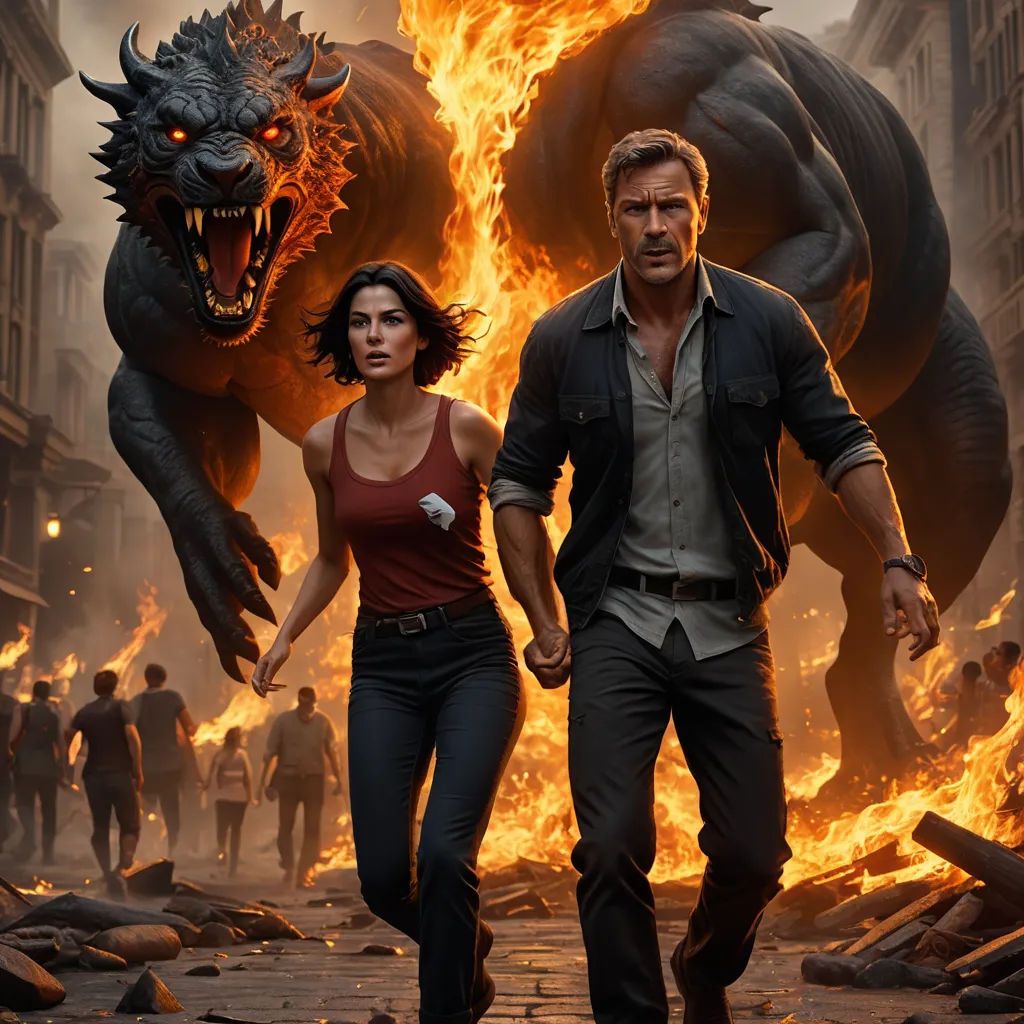 a man and a woman walking in front of a fire dragon in a movie poster for the film the last dragon, symbolism, a poster, Ada Gladys Killins, promotional image