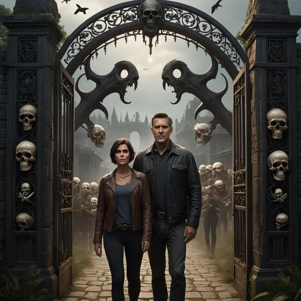 a man and a woman standing in front of a gate with skulls on it and a sky background with a plane, international gothic, poster art, Dan Scott, key art