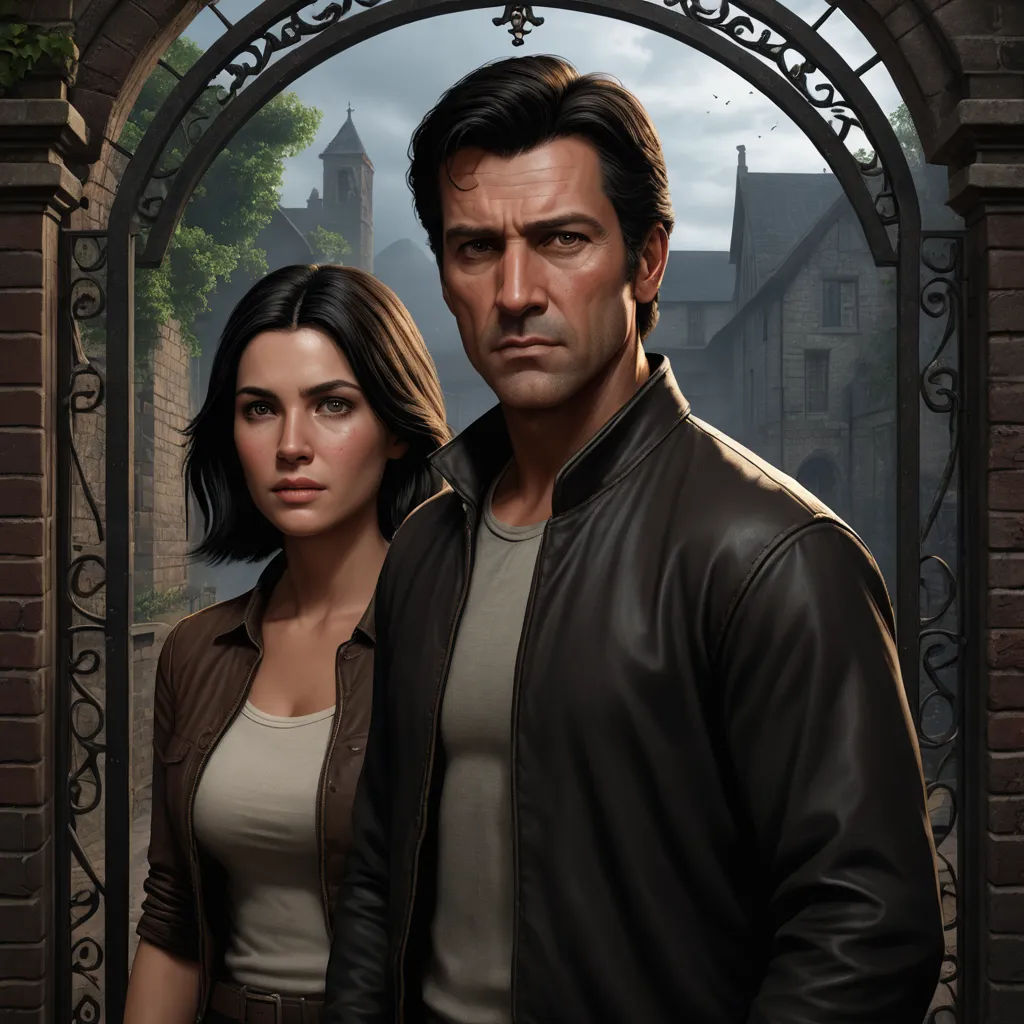 a man and a woman standing in front of a gate with a clock tower in the background and a building in the background, international gothic, a character portrait, Cedric Seaut (Keos Masons), key art