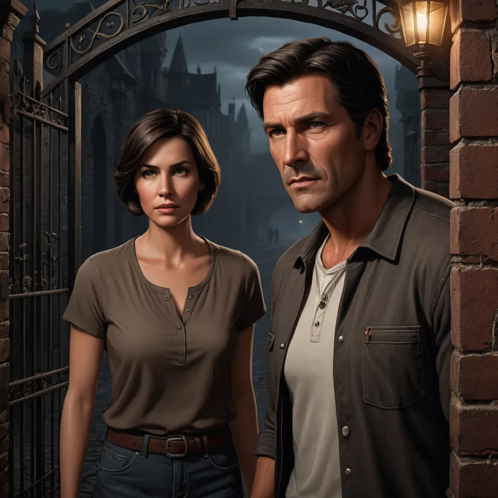 a man and a woman standing in front of a gate with a street light on it and a dark background, international gothic, poster art, Dan Scott, promotional image