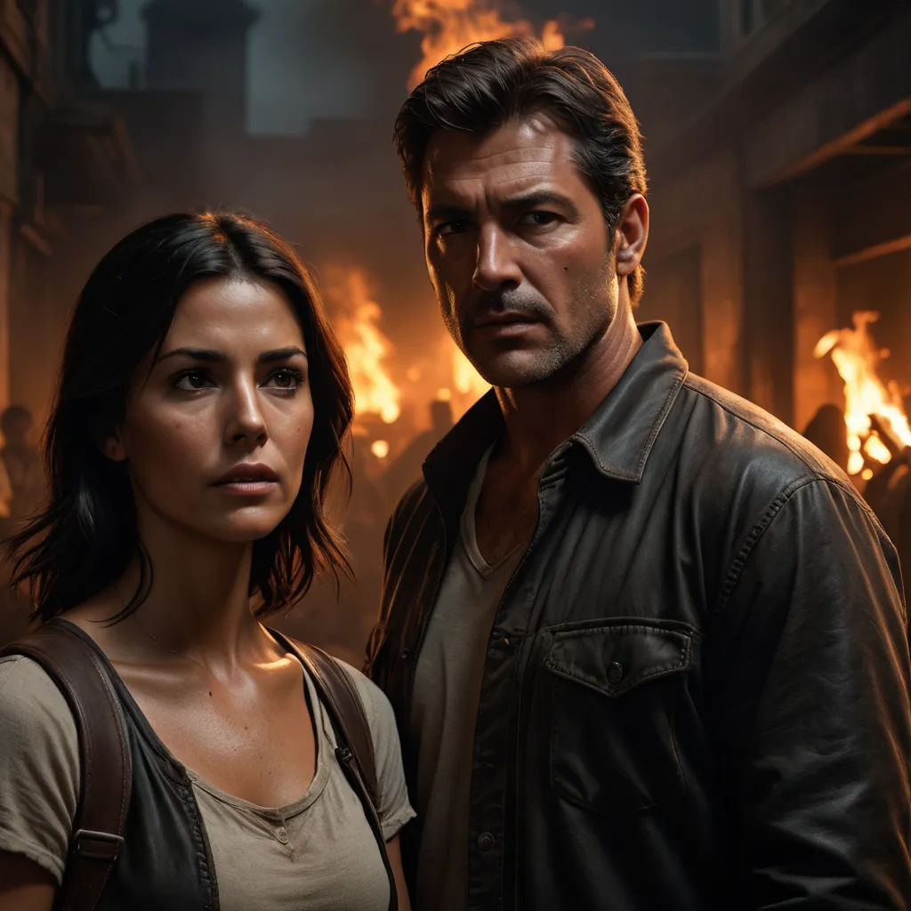 a man and a woman standing in front of a fire filled street with a building on fire in the background, serial art, poster art, Ada Gladys Killins, promotional image