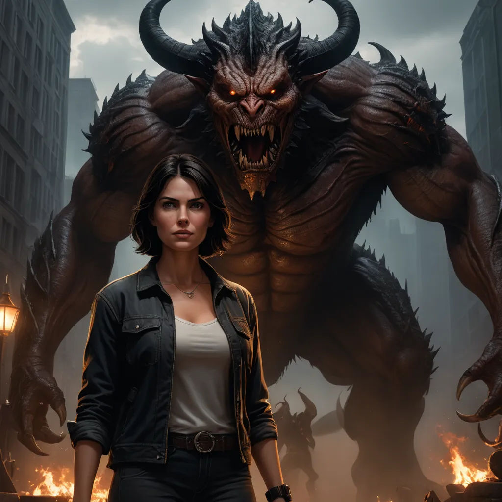 a woman standing in front of a giant demon in a city with flames in the air and a demon in the background, fantasy art, poster art, Eddie Mendoza, unreal 5