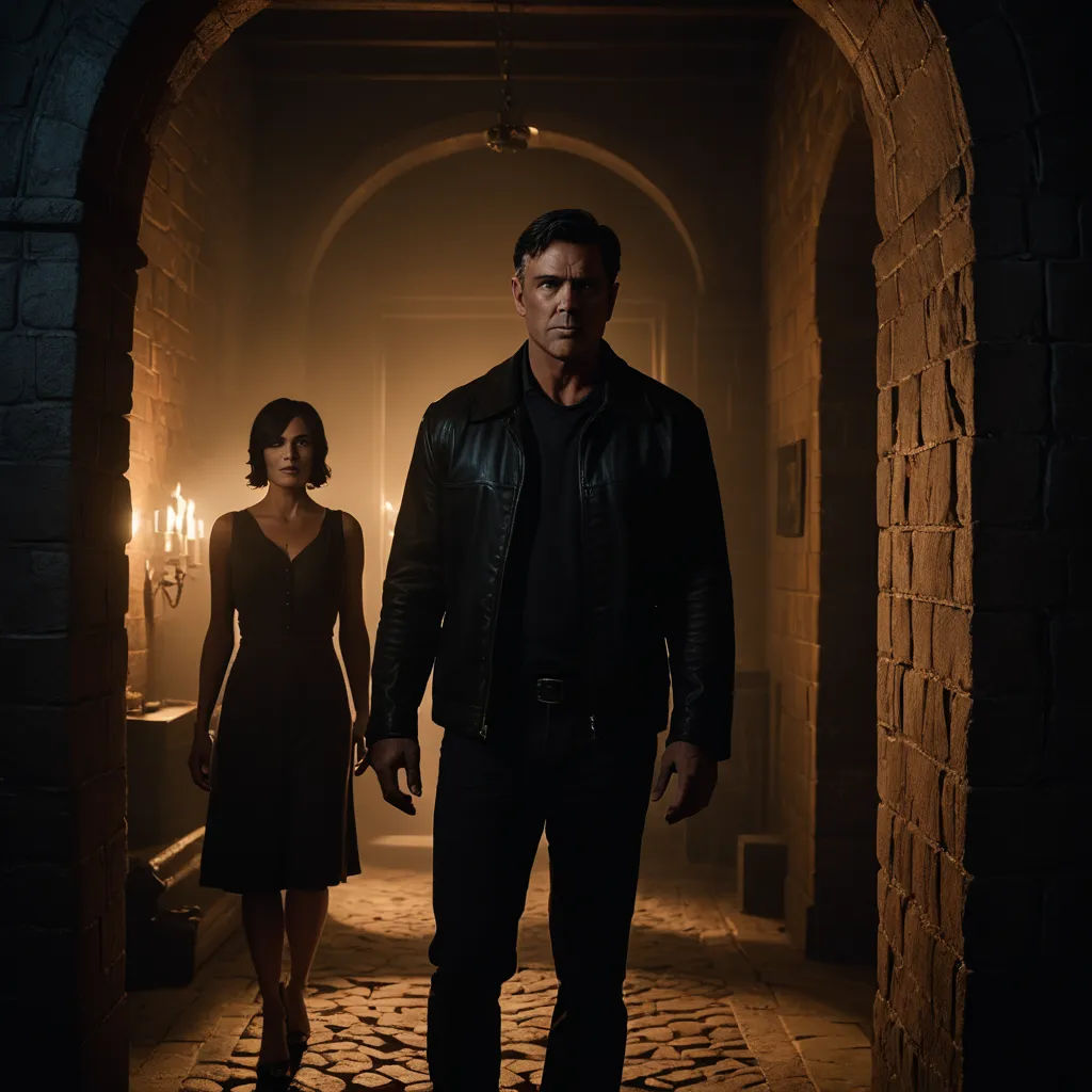 a man and a woman walking down a hallway in a dark room with a light on the ceiling and a brick archway, international gothic, a poster, Dan Scott, promotional image