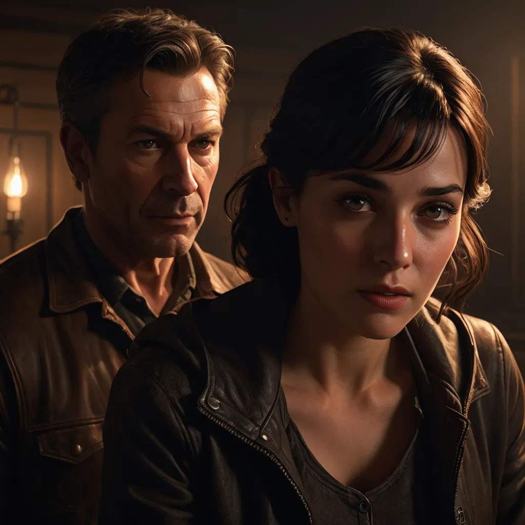 a man and a woman standing next to each other in a room with lights on and a man looking at the camera, american scene painting, poster art, Cedric Peyravernay, promotional image