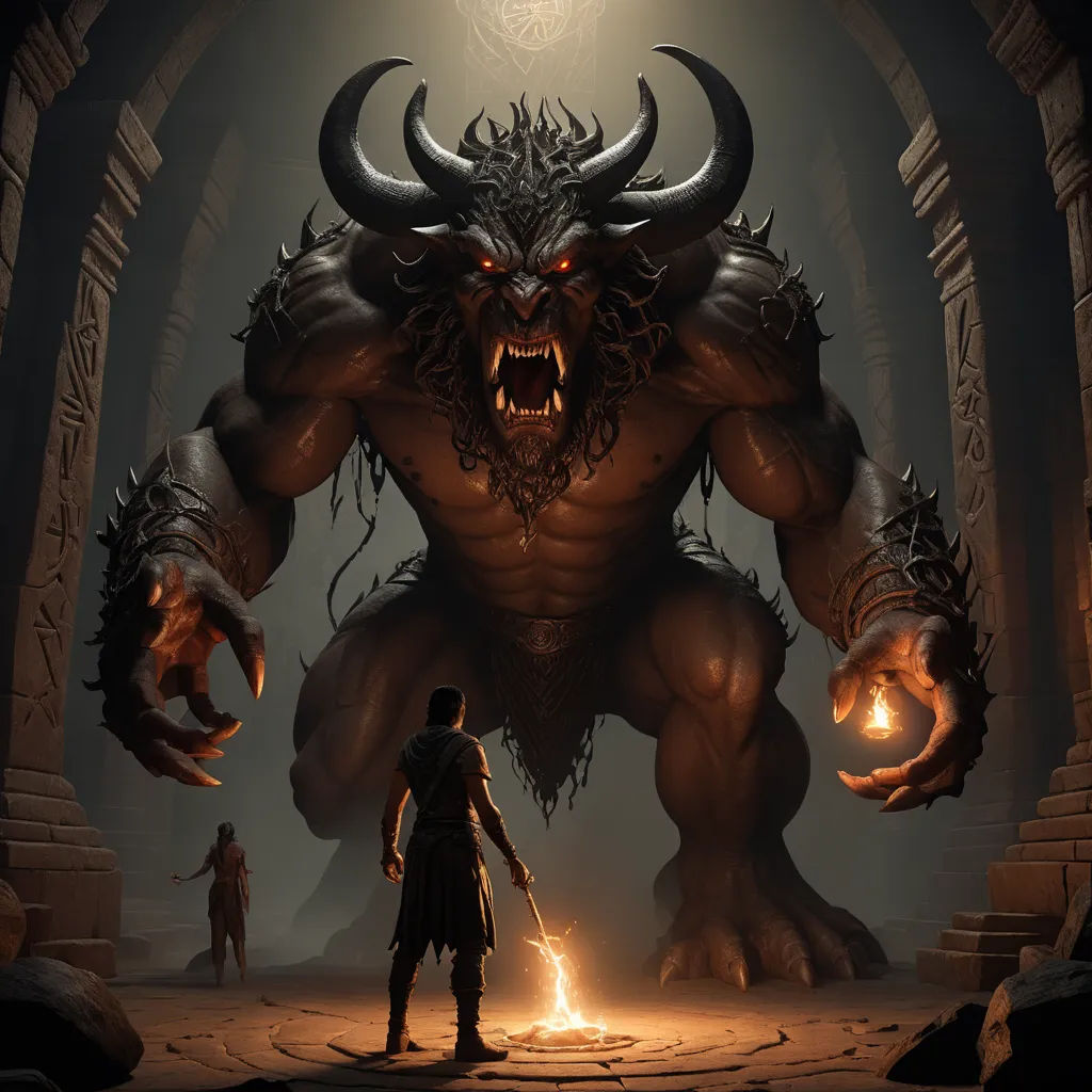 a man standing in front of a giant demon in a cave with flames in his hands and a demon on his shoulder, fantasy art, concept art, Andreas Rocha, dark fantasy art