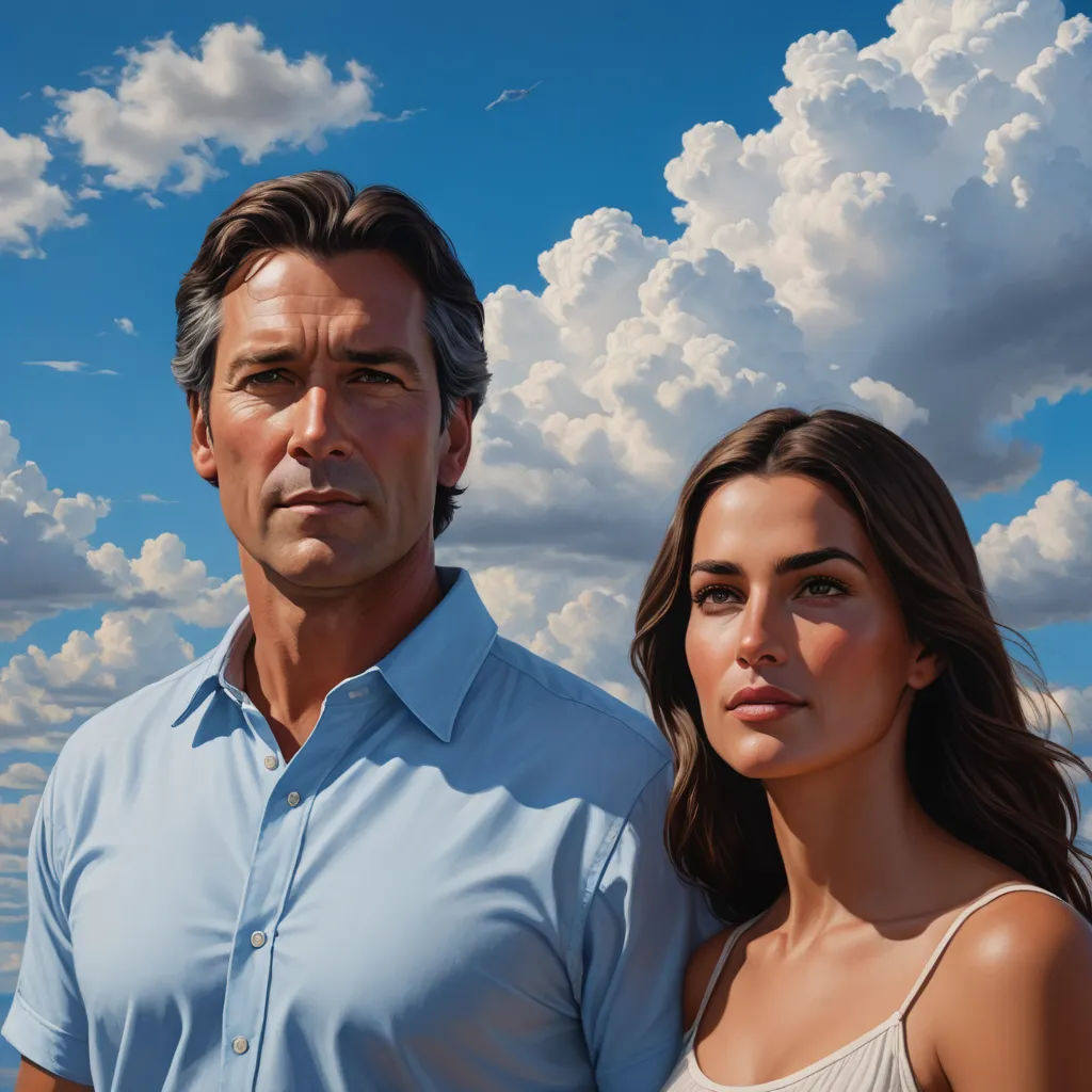 a man and a woman standing next to each other under a cloudy sky with a blue sky in the background, hyperrealism, a hyperrealistic painting, Eric Zener, extremely detailed oil painting