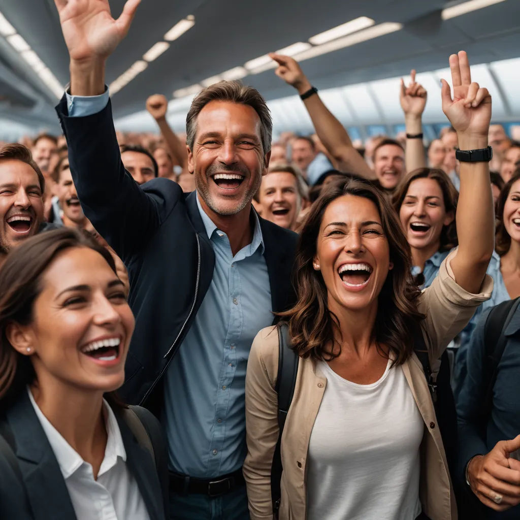 a group of people are smiling and waving at the camera with their hands up in the air and one person is holding a cell phone, les automatistes, a stock photo, Bourgeois, behance hd
