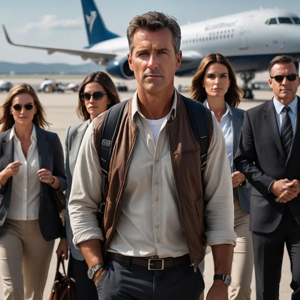 a group of people walking towards a plane on a runway with a man in a brown vest and sunglasses, private press, a poster, Dan Scott, promotional image